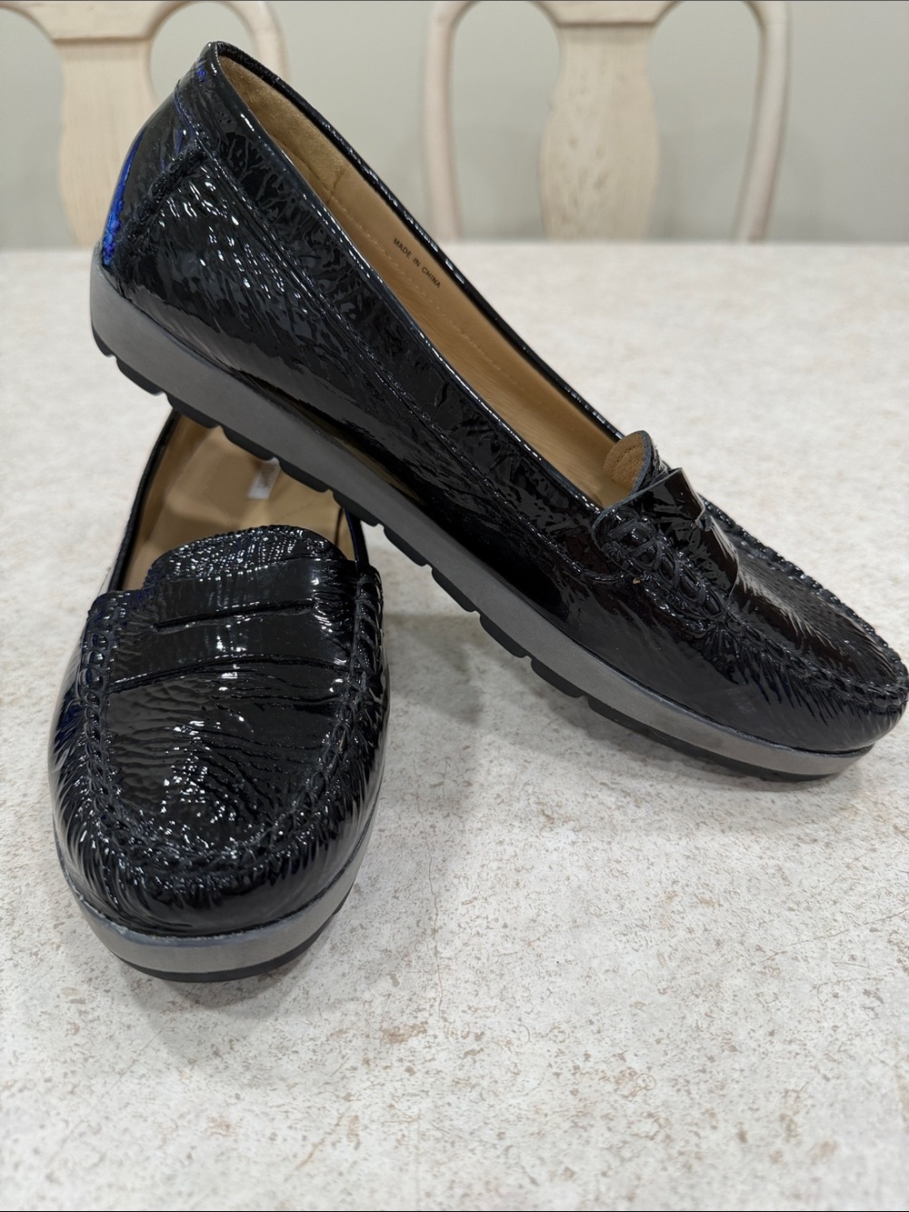GEOX RESPIRA CRINKLE BLACK PATENT LEATHER LOW WEDGE PENNY LOAFERS SIZE 41 USA 10